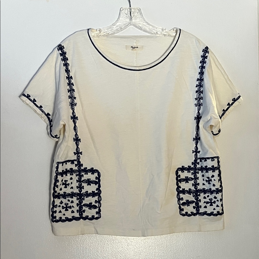 Madewell White Tee with Navy Embroidery